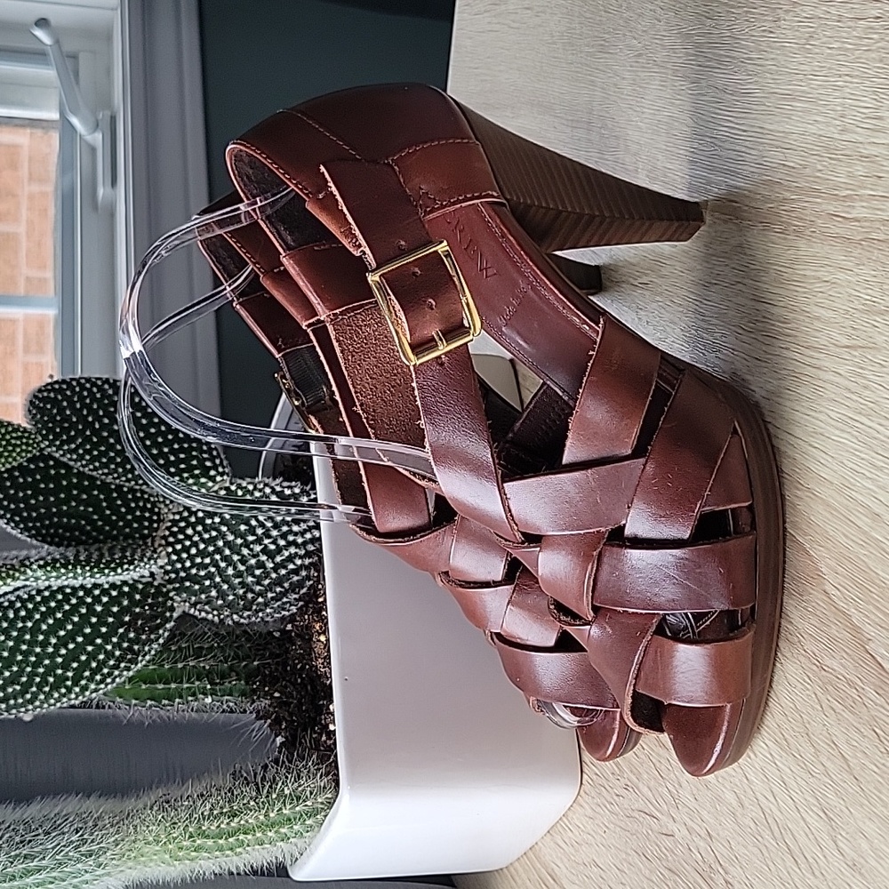 J. Crew Cognac Leather Open Toe Heels